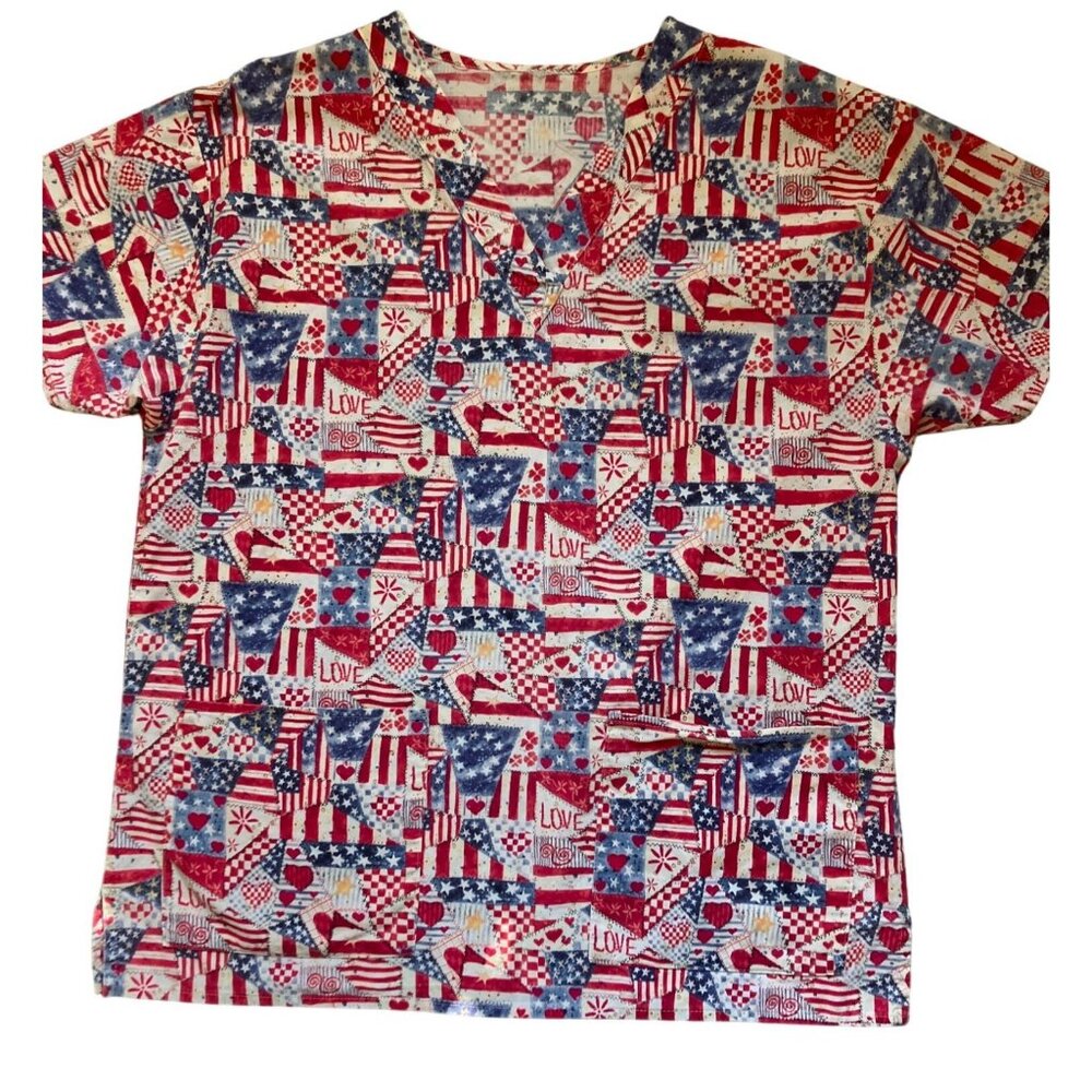 Patriotic Scrub Top With Love & Flags Print